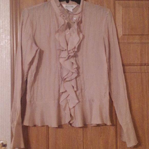 A tan silk ruffle button up shirt - Picture 1 of 3